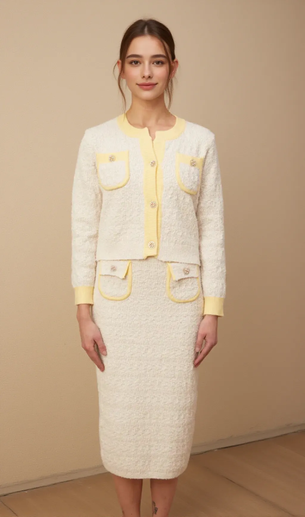 Jessie white textured knit cardigan & skirt matching set