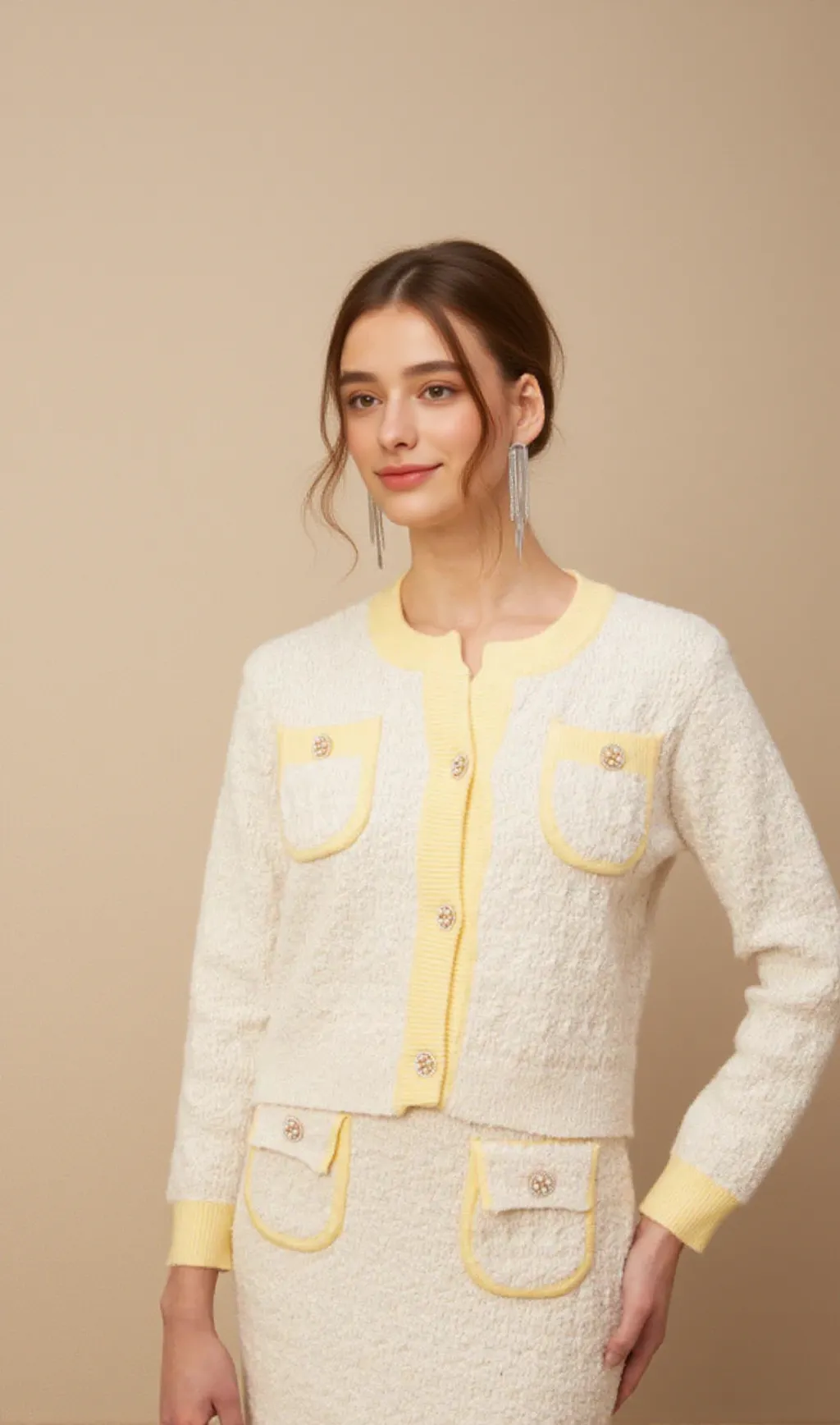 Jessie white textured knit cardigan & skirt matching set
