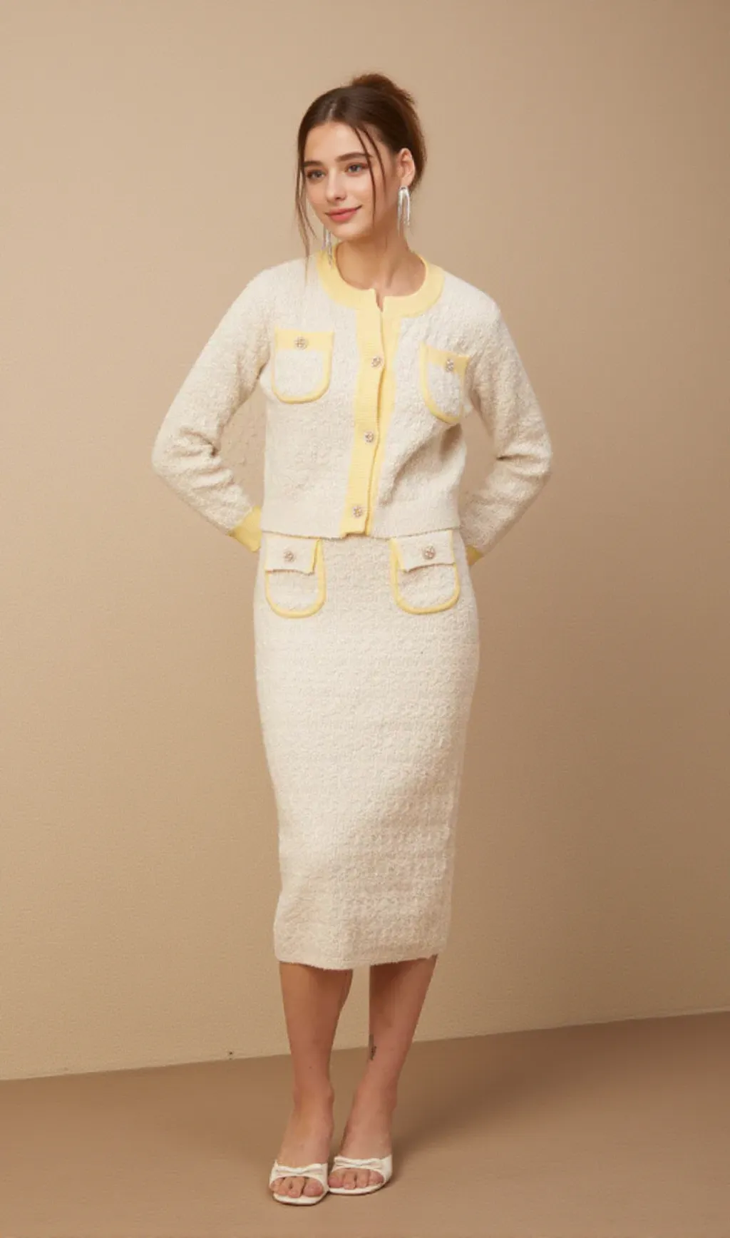Jessie white textured knit cardigan & skirt matching set