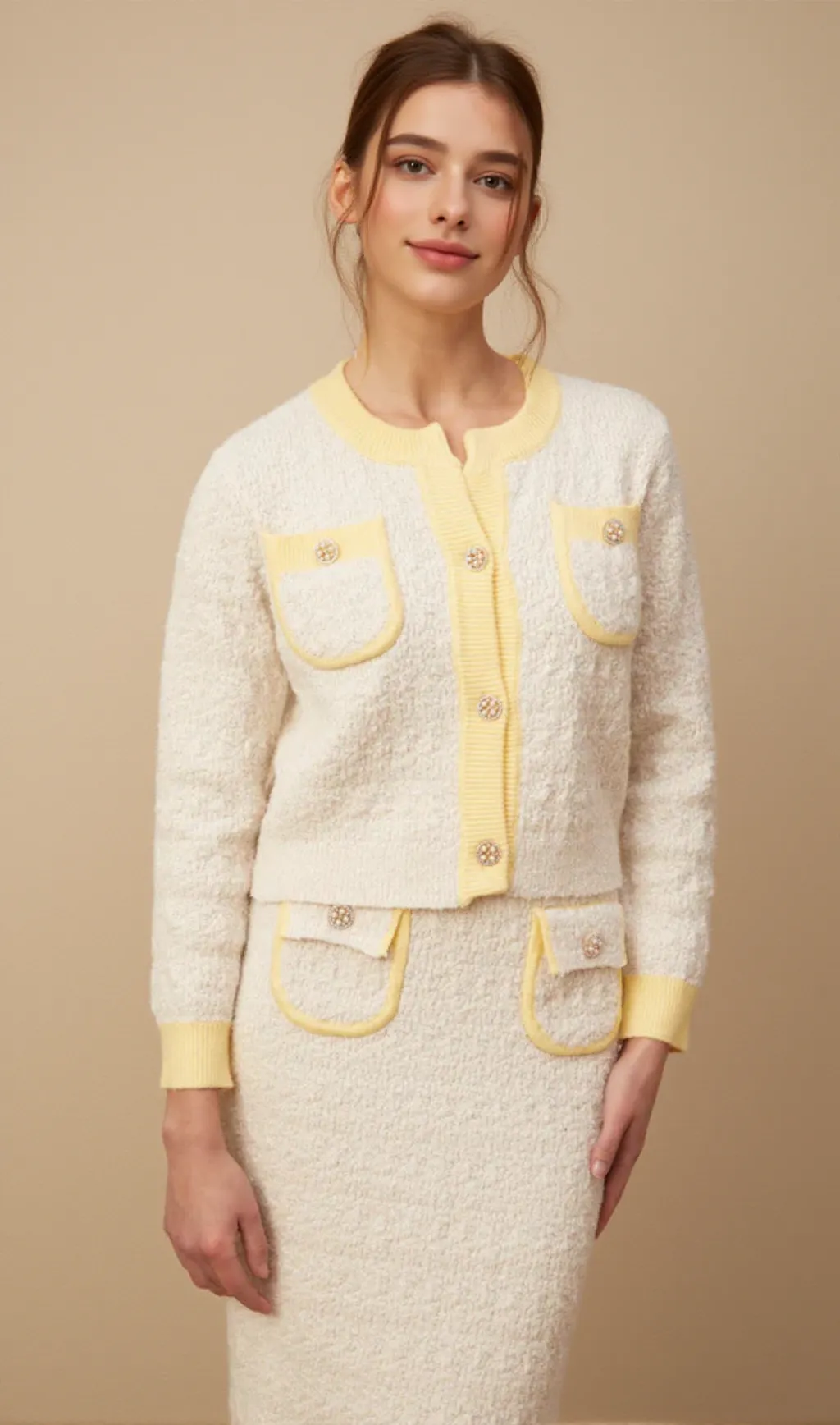 Jessie white textured knit cardigan & skirt matching set