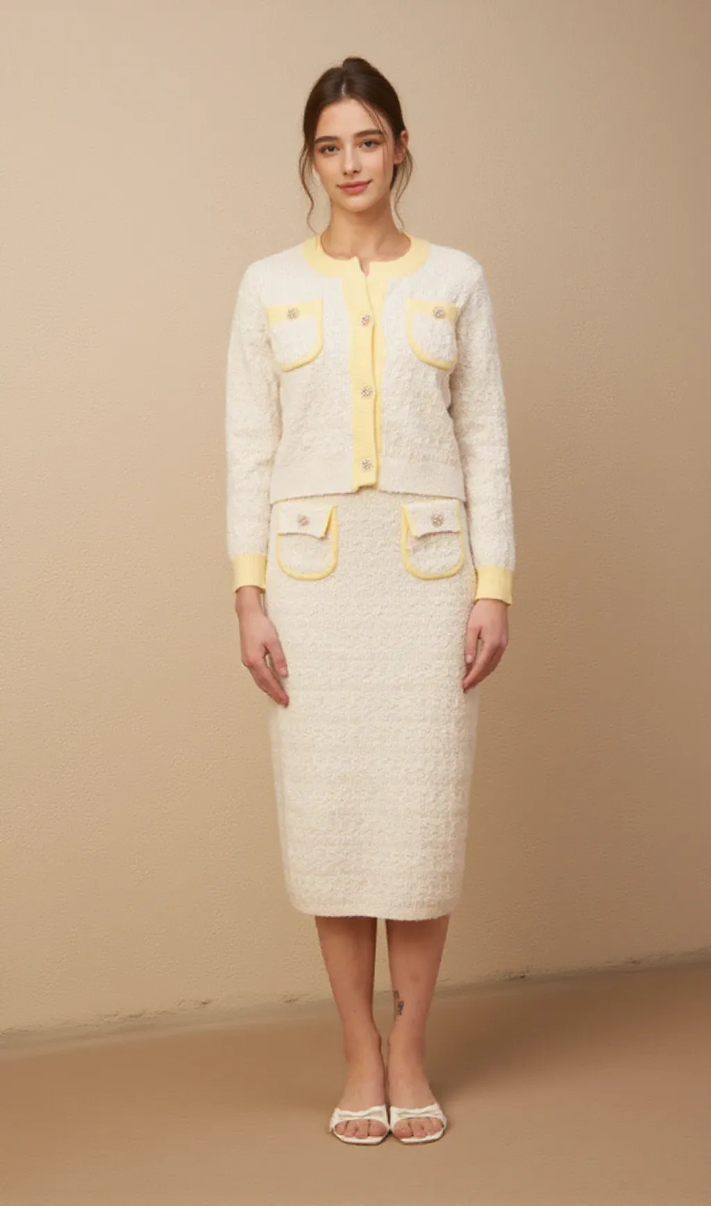 Jessie white textured knit cardigan & skirt matching set
