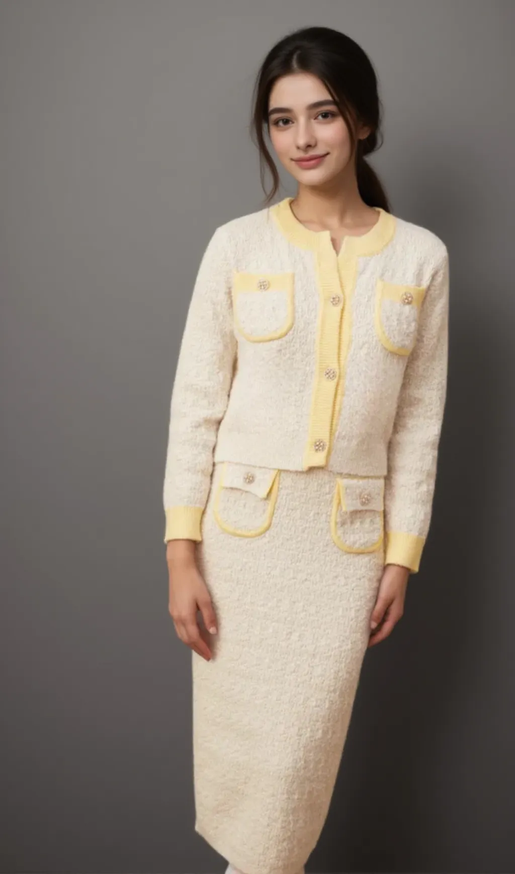 Jessie white textured knit cardigan & skirt matching set