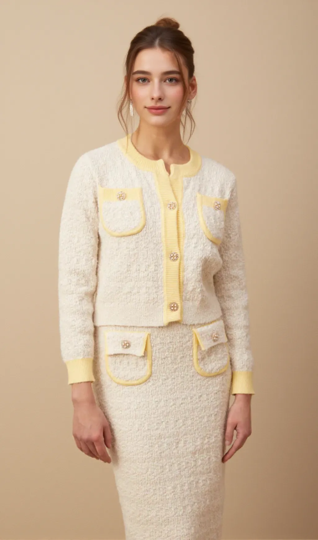 Jessie white textured knit cardigan & skirt matching set