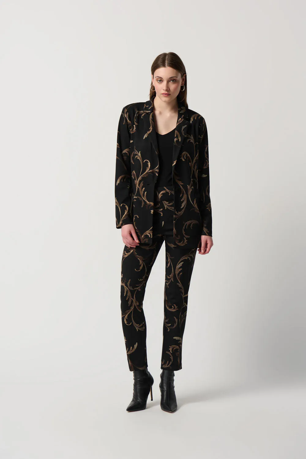 Joseph Ribkoff Black/Multi Baroque Print Silky Knit Blazer With Welt Detail Style 234284