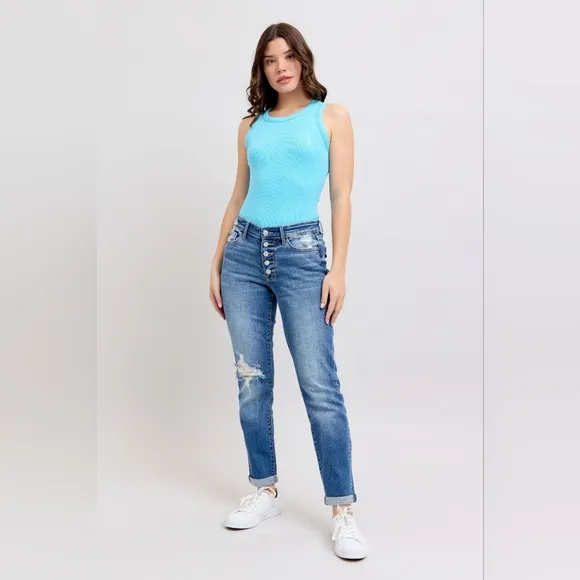 Judy Blue Mid Rise Button Fly Distressed Cuffed Boyfriend Jeans Various NEW
