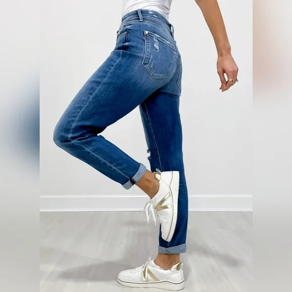 Judy Blue Mid Rise Button Fly Distressed Cuffed Boyfriend Jeans Various NEW