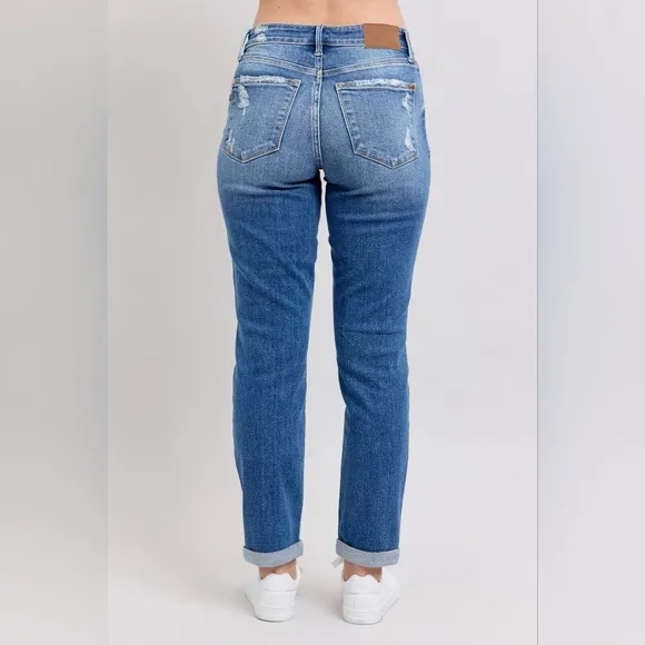 Judy Blue Mid Rise Button Fly Distressed Cuffed Boyfriend Jeans Various NEW