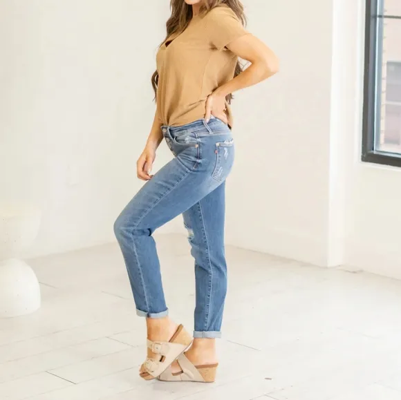 Judy Blue Mid Rise Button Fly Distressed Cuffed Boyfriend Jeans Various NEW