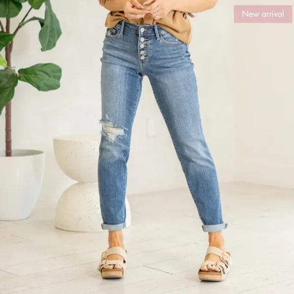 Judy Blue Mid Rise Button Fly Distressed Cuffed Boyfriend Jeans Various NEW