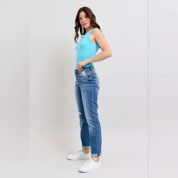 Judy Blue Mid Rise Button Fly Distressed Cuffed Boyfriend Jeans Various NEW