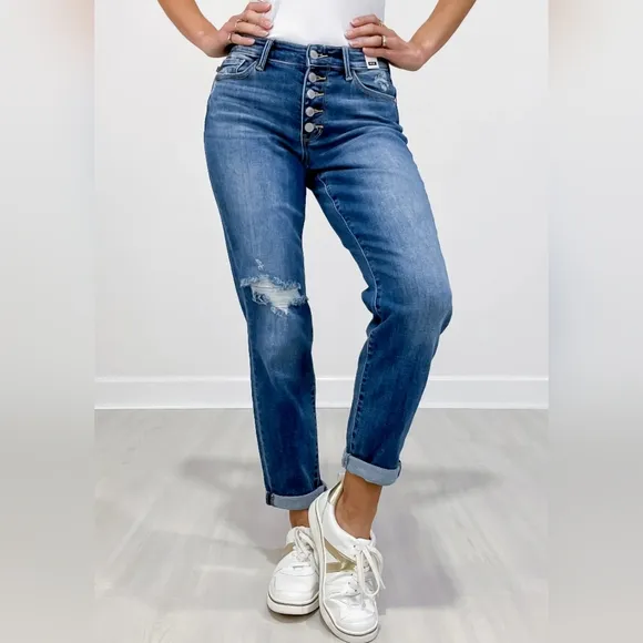 Judy Blue Mid Rise Button Fly Distressed Cuffed Boyfriend Jeans Various NEW