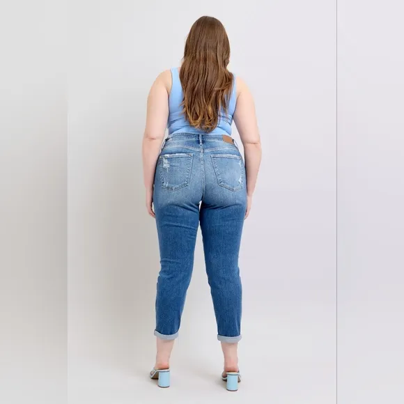 Judy Blue Mid Rise Button Fly Distressed Cuffed Boyfriend Jeans Various NEW