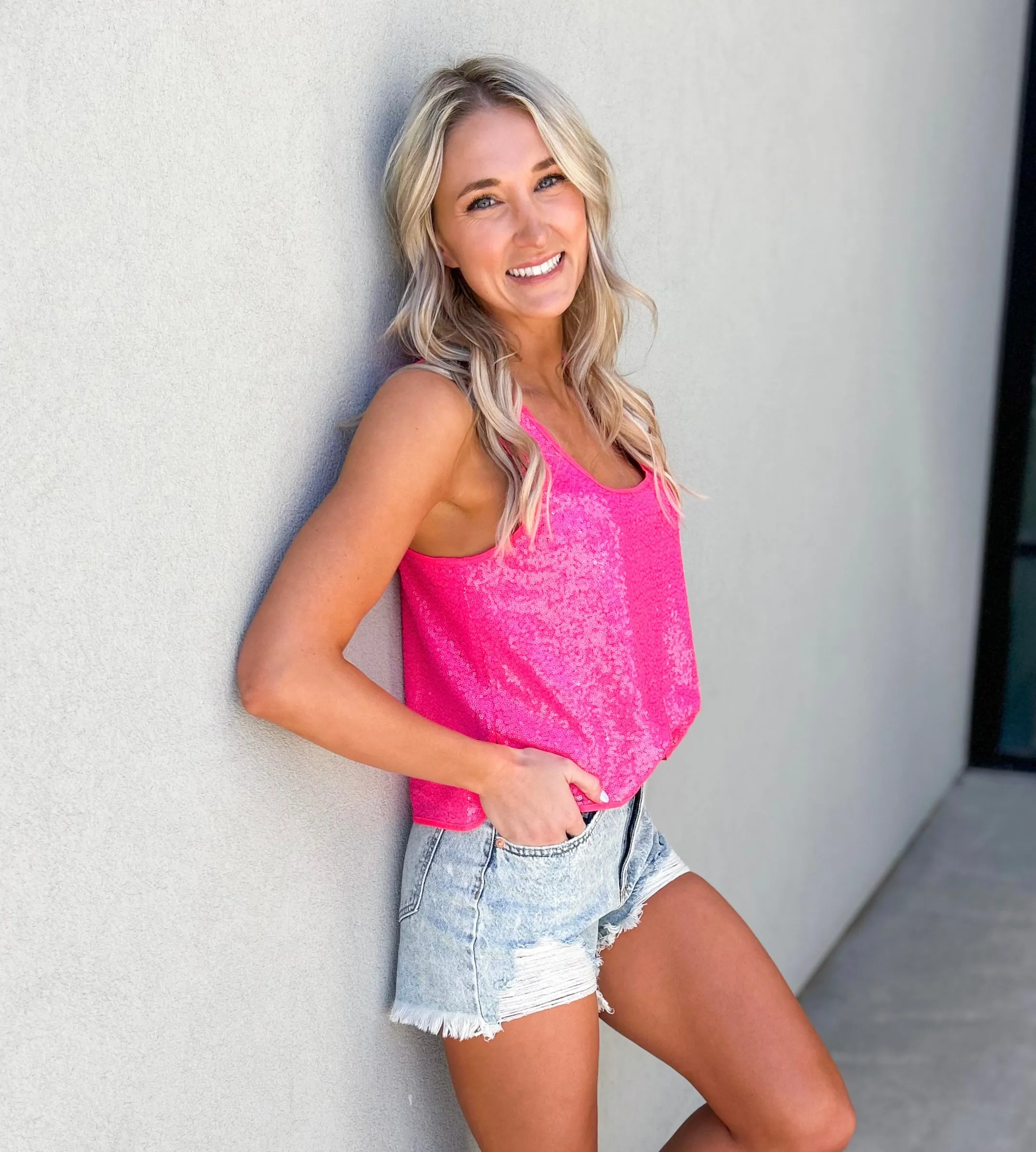 Kels Sequin Cropped Tank Top (Hot Pink)