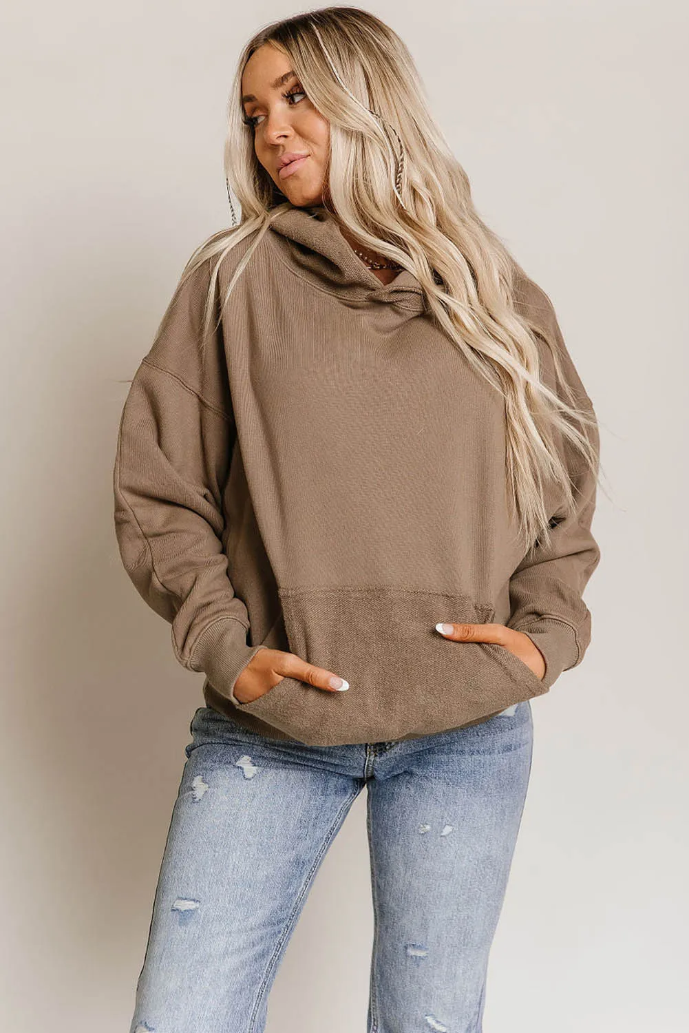 Khaki Kangaroo Pocket Oversized Hoodie