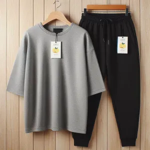 Lemon Tart Mens Plain Oversized Drop Shoulder T-Shirt and Jogger Pants Set - LTMTSPS2 - Grey Black