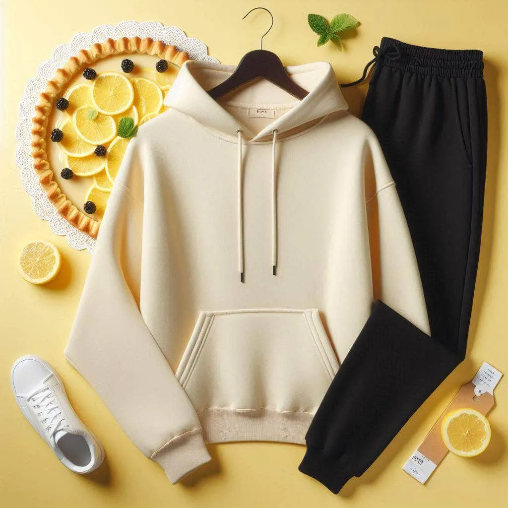 Lemon Tart Womens Plain Hoodie and Jogger Pants Set - LTWPHJPS1 - Cream Black