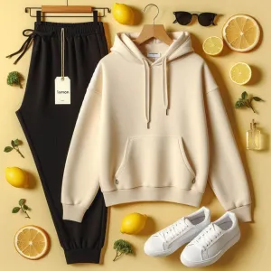 Lemon Tart Womens Plain Hoodie and Jogger Pants Set - LTWPHJPS1 - Cream Black
