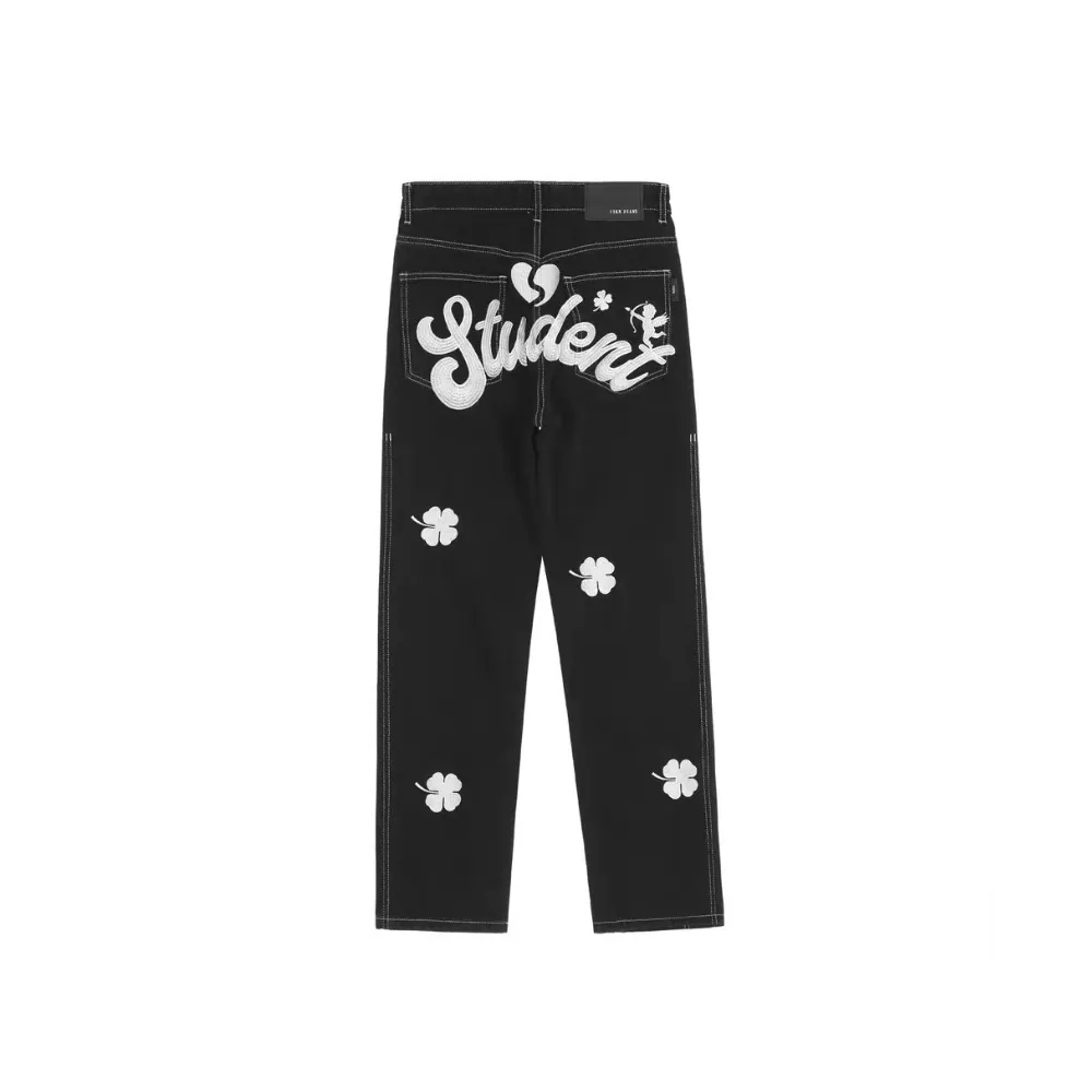 Letter Lucky Clover Embroidered Baggy Jeans