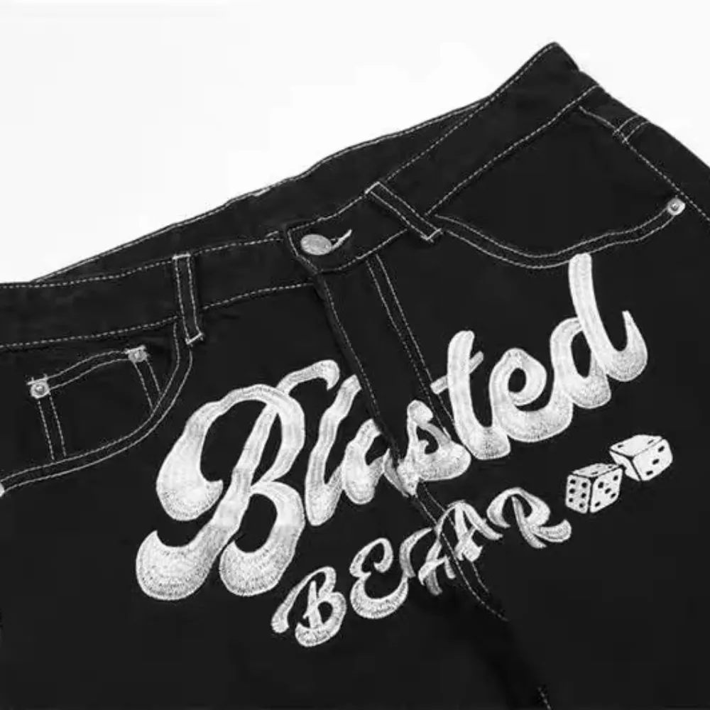 Letter Lucky Clover Embroidered Baggy Jeans