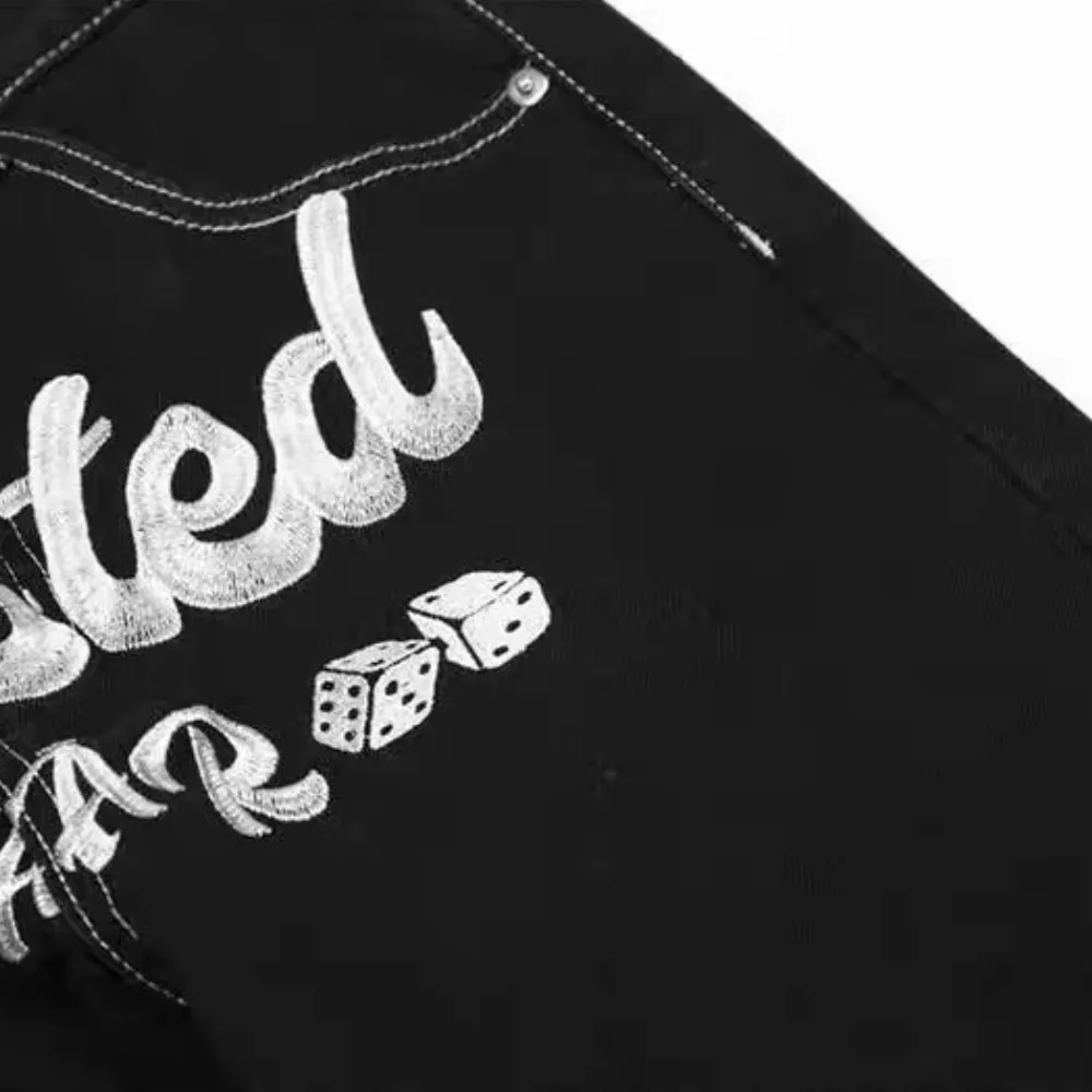 Letter Lucky Clover Embroidered Baggy Jeans