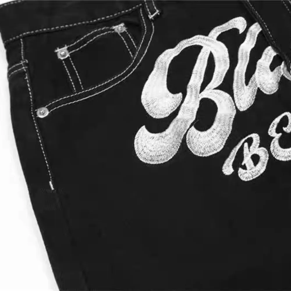 Letter Lucky Clover Embroidered Baggy Jeans