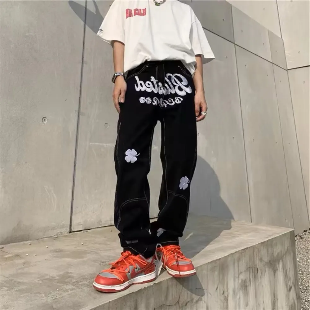 Letter Lucky Clover Embroidered Baggy Jeans