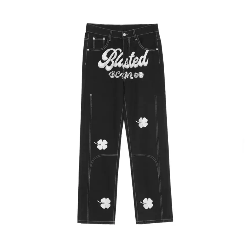 Letter Lucky Clover Embroidered Baggy Jeans