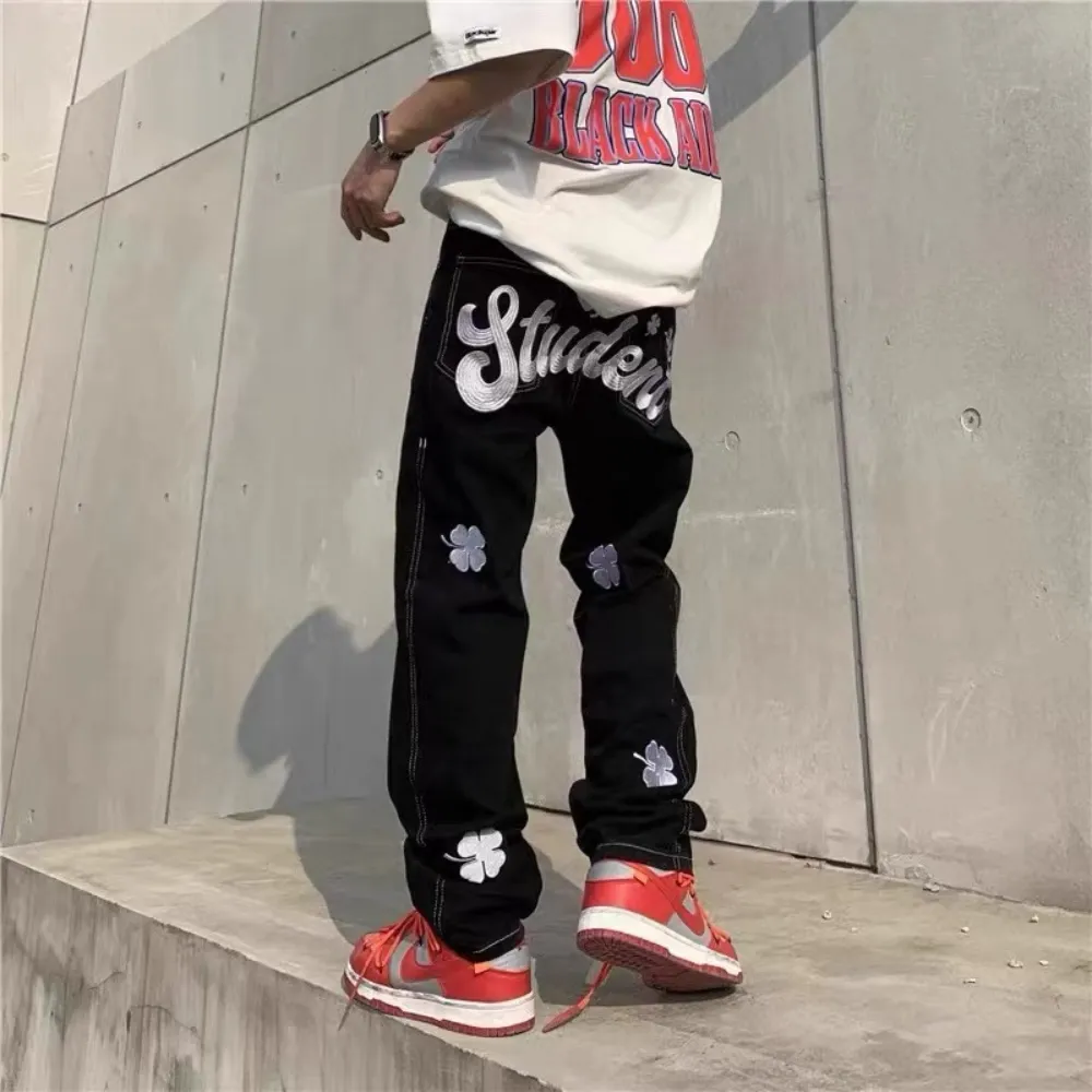 Letter Lucky Clover Embroidered Baggy Jeans