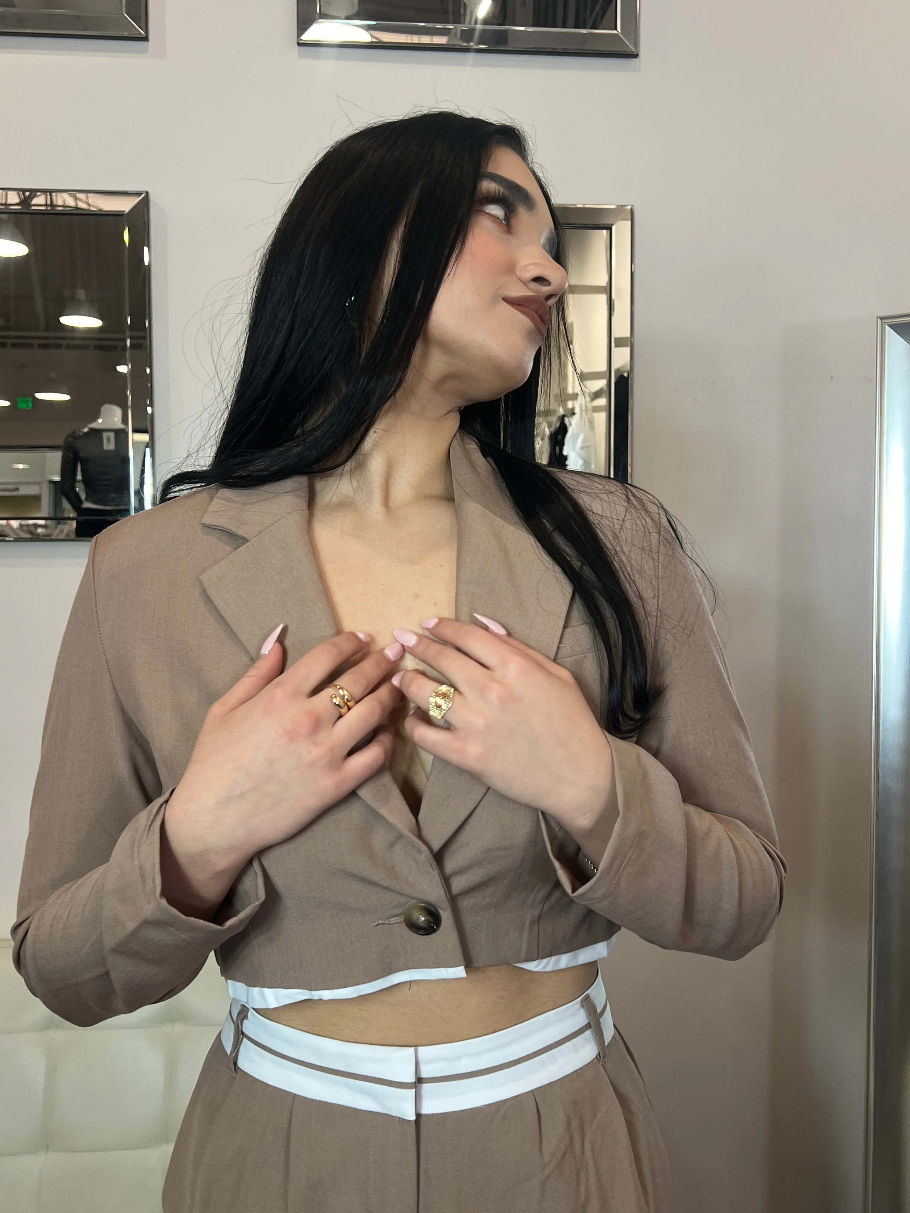 Liv Contrast Cropped Blazer- Taupe