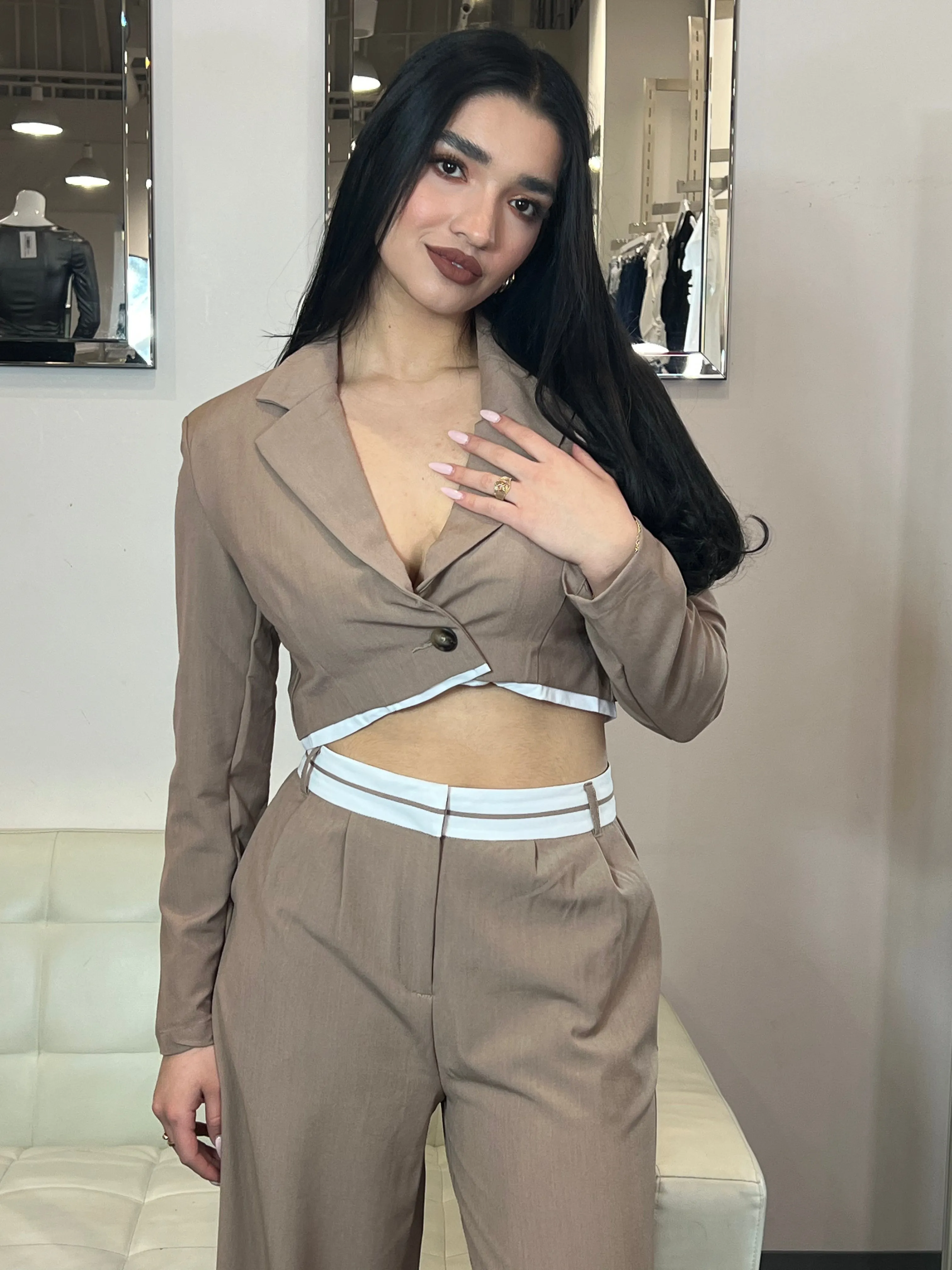 Liv Contrast Cropped Blazer- Taupe