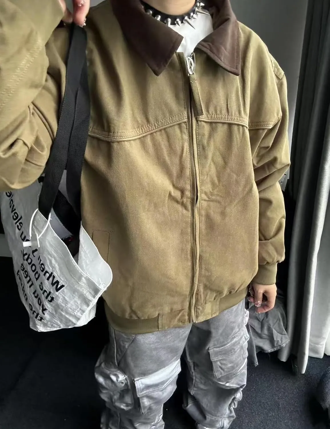 Men's Cotton Lightweight Jackets Zip Up Detroit Vintage Cargo Jacket Outwear With Pocket