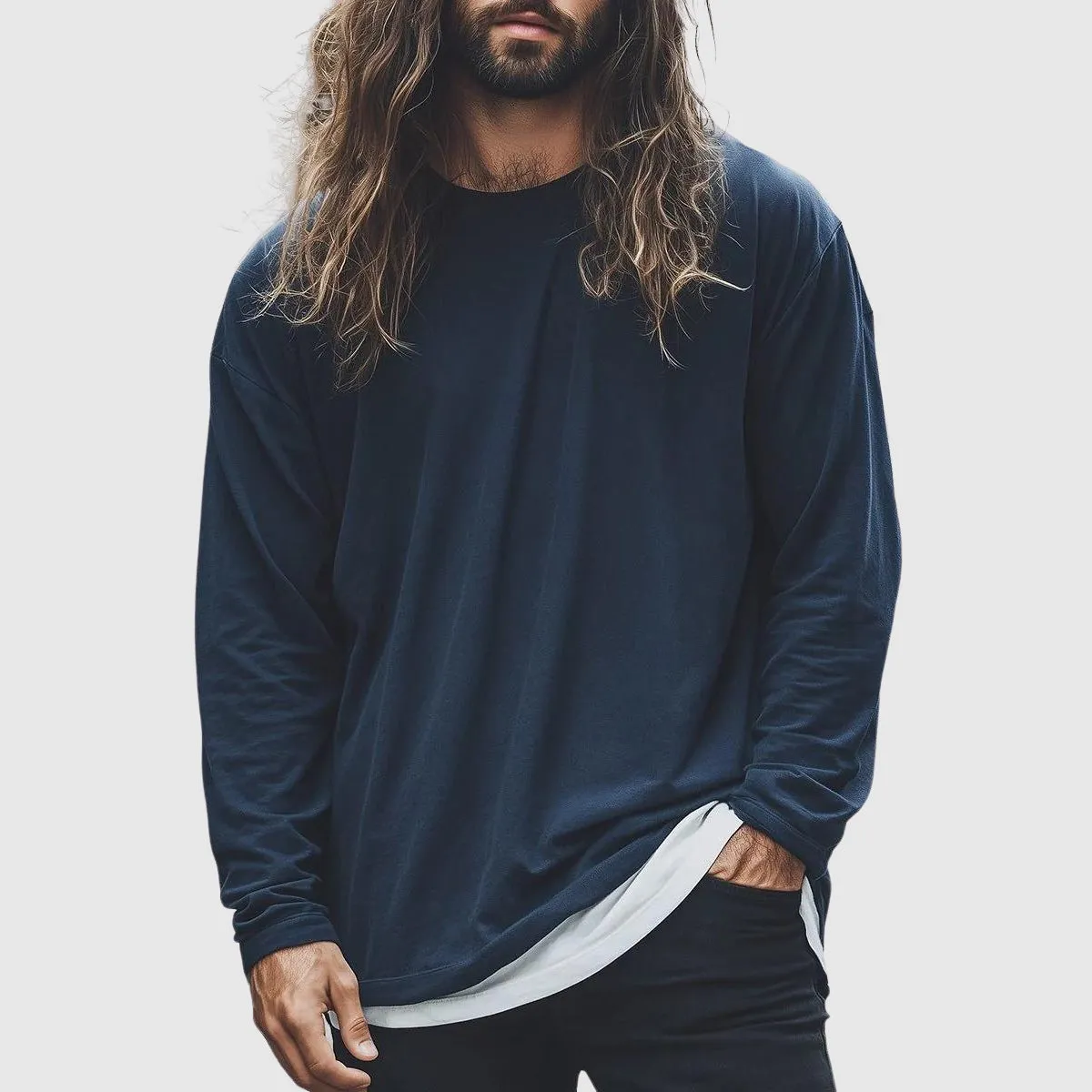 Men's Relaxed Fit Navy Long Sleeve Basic Top