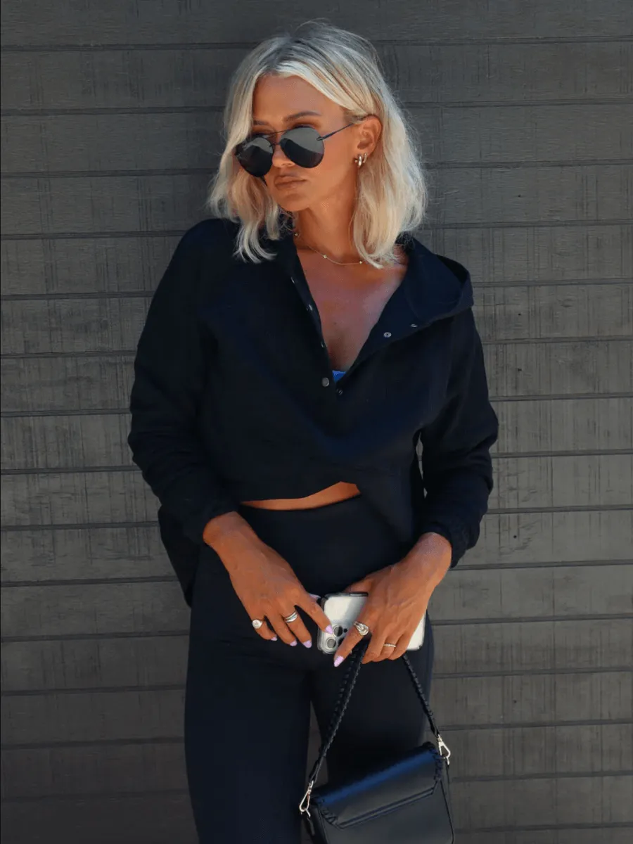 Mindful Pocketed Cotton Henley Hoodie Pullover - Black