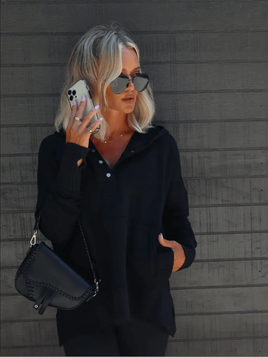 Mindful Pocketed Cotton Henley Hoodie Pullover - Black