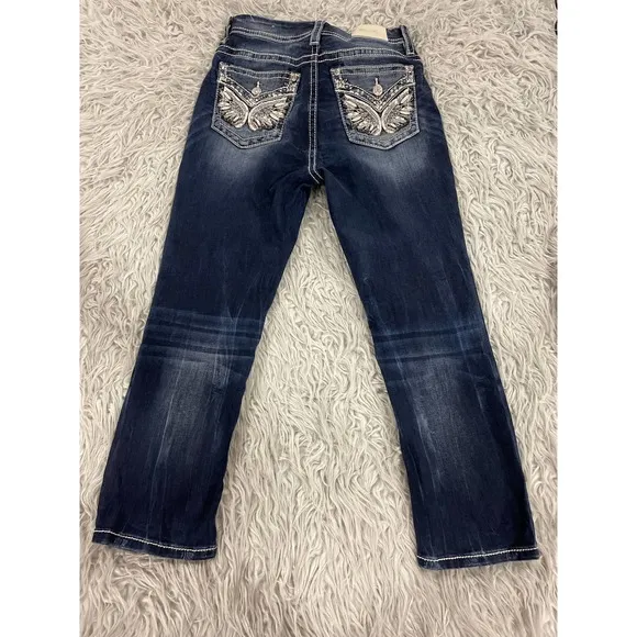Miss Me Curvy Crop Jeans Sz 29 Stretch Cuffed Faux Flap Pocket Angel Wing Sequin