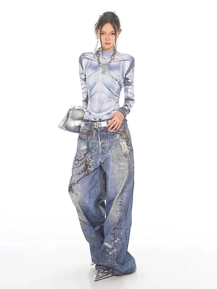 Painted Chain Detail Wide Leg Jeans
