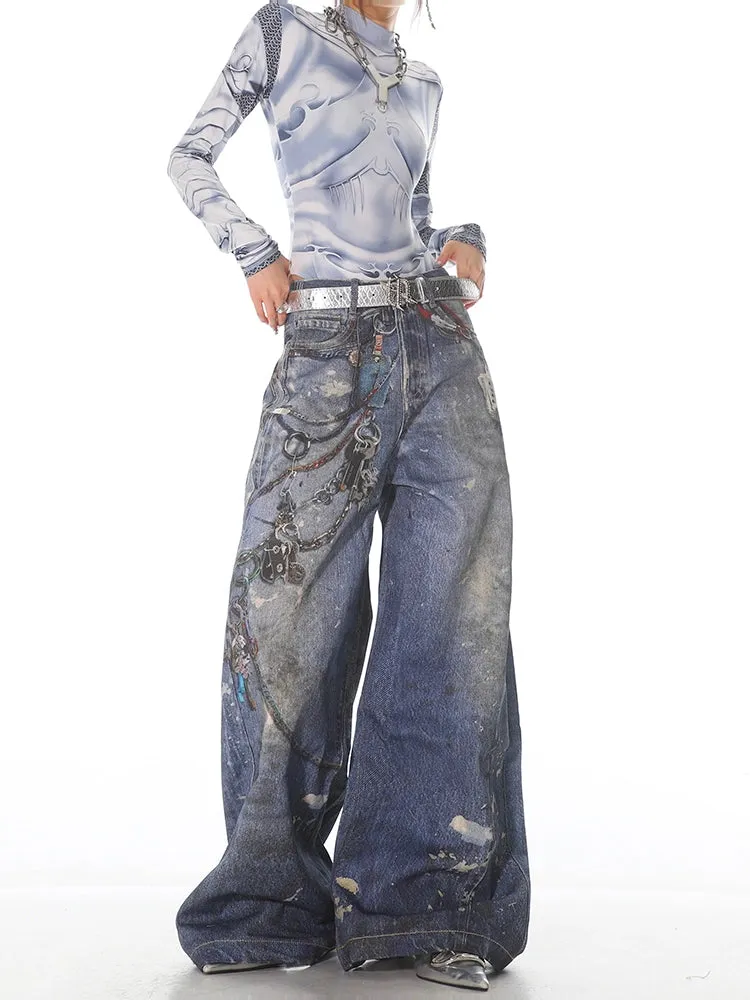 Painted Chain Detail Wide Leg Jeans