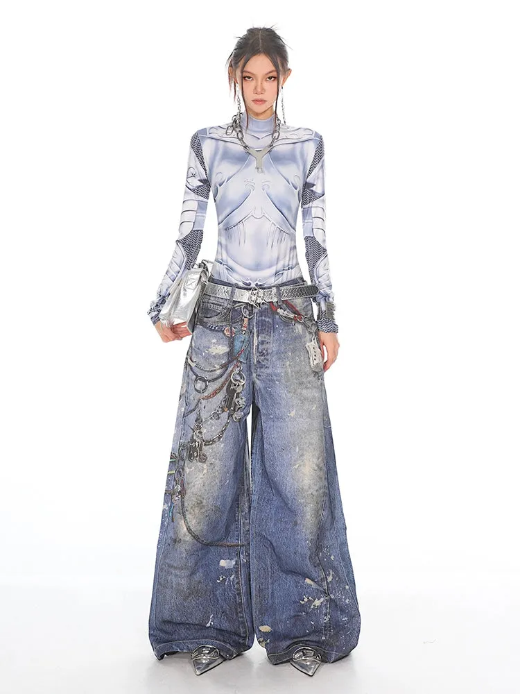 Painted Chain Detail Wide Leg Jeans
