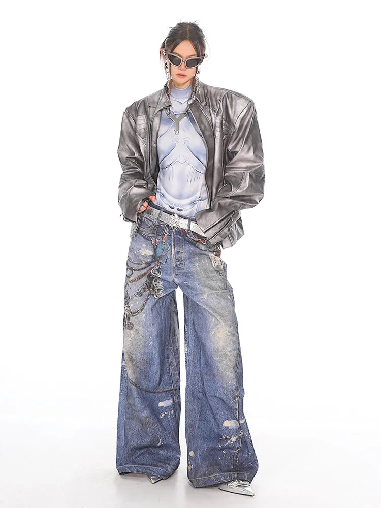 Painted Chain Detail Wide Leg Jeans