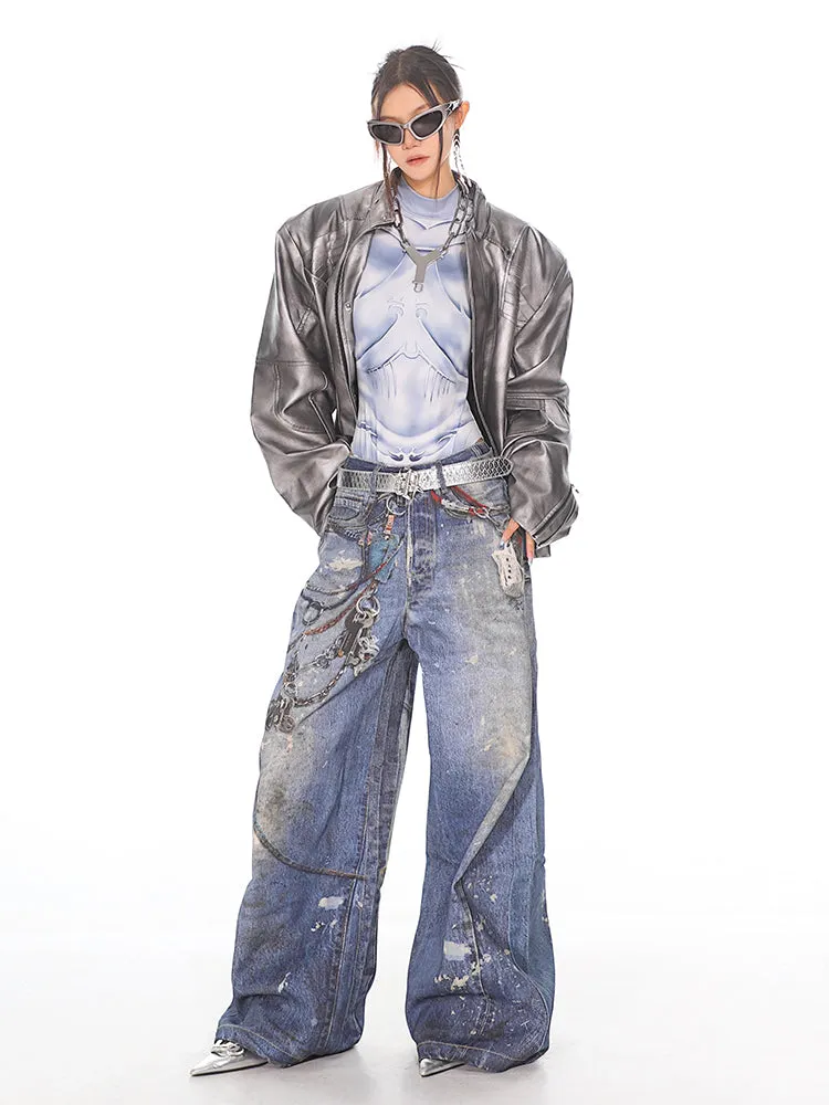Painted Chain Detail Wide Leg Jeans
