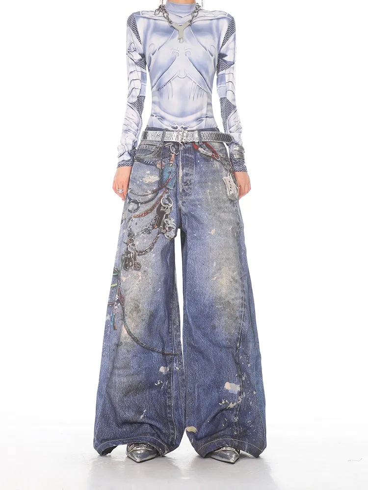 Painted Chain Detail Wide Leg Jeans