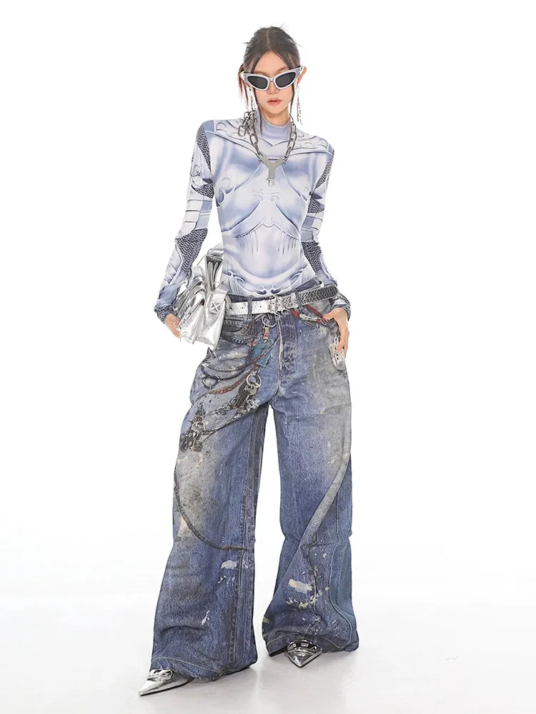 Painted Chain Detail Wide Leg Jeans