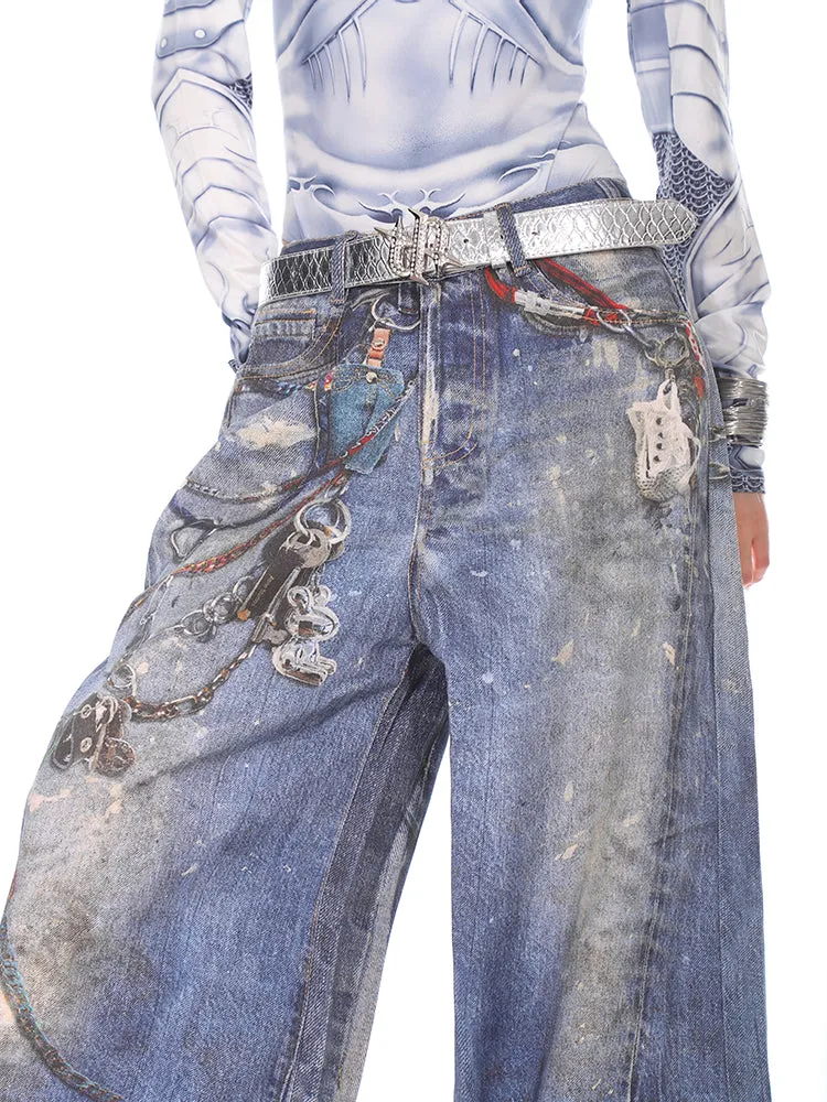 Painted Chain Detail Wide Leg Jeans
