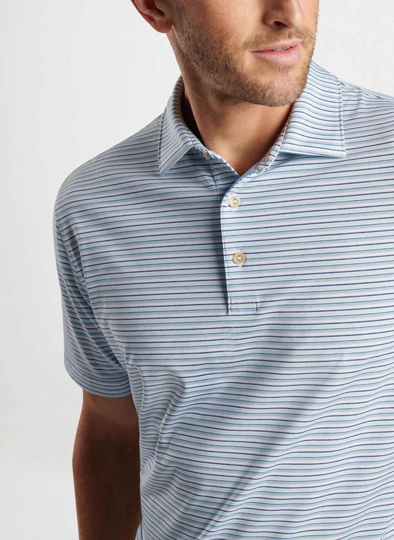 Peter Millar Mens Classic Fit Fairmont Performance Jersey Polo - WHITE/COTTAGE BLUE