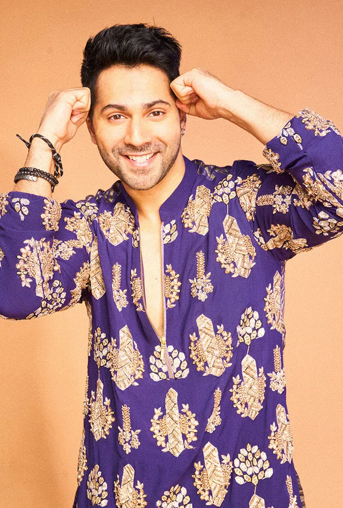 PURPLE COLOUR EMBROIDERED STRIPE KURTA WITH STRIPE JOGGER PANTS