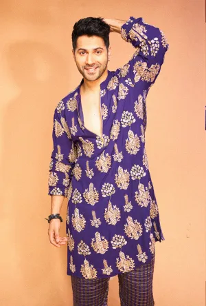 PURPLE COLOUR EMBROIDERED STRIPE KURTA WITH STRIPE JOGGER PANTS