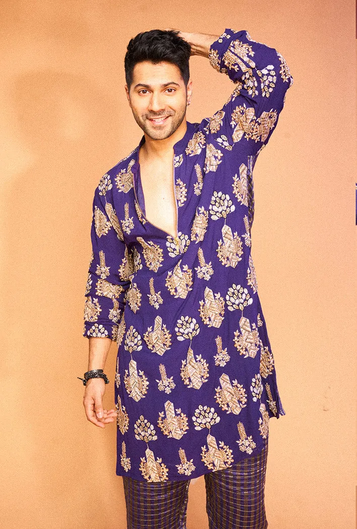 PURPLE COLOUR EMBROIDERED STRIPE KURTA WITH STRIPE JOGGER PANTS