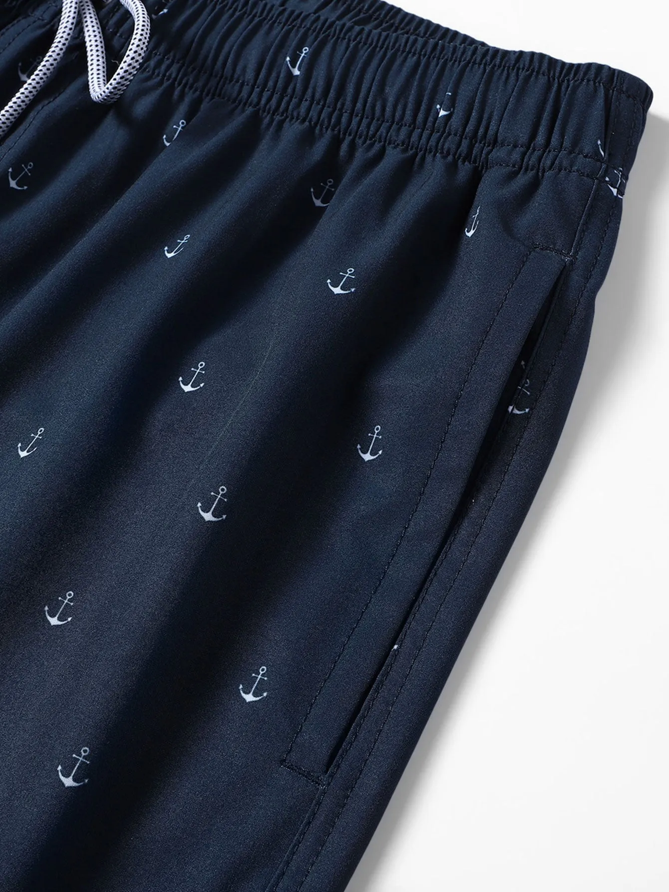 Regular Fit Anchor Print Cotton T-Shirt & Anchor Print Drawstring Swim Shorts