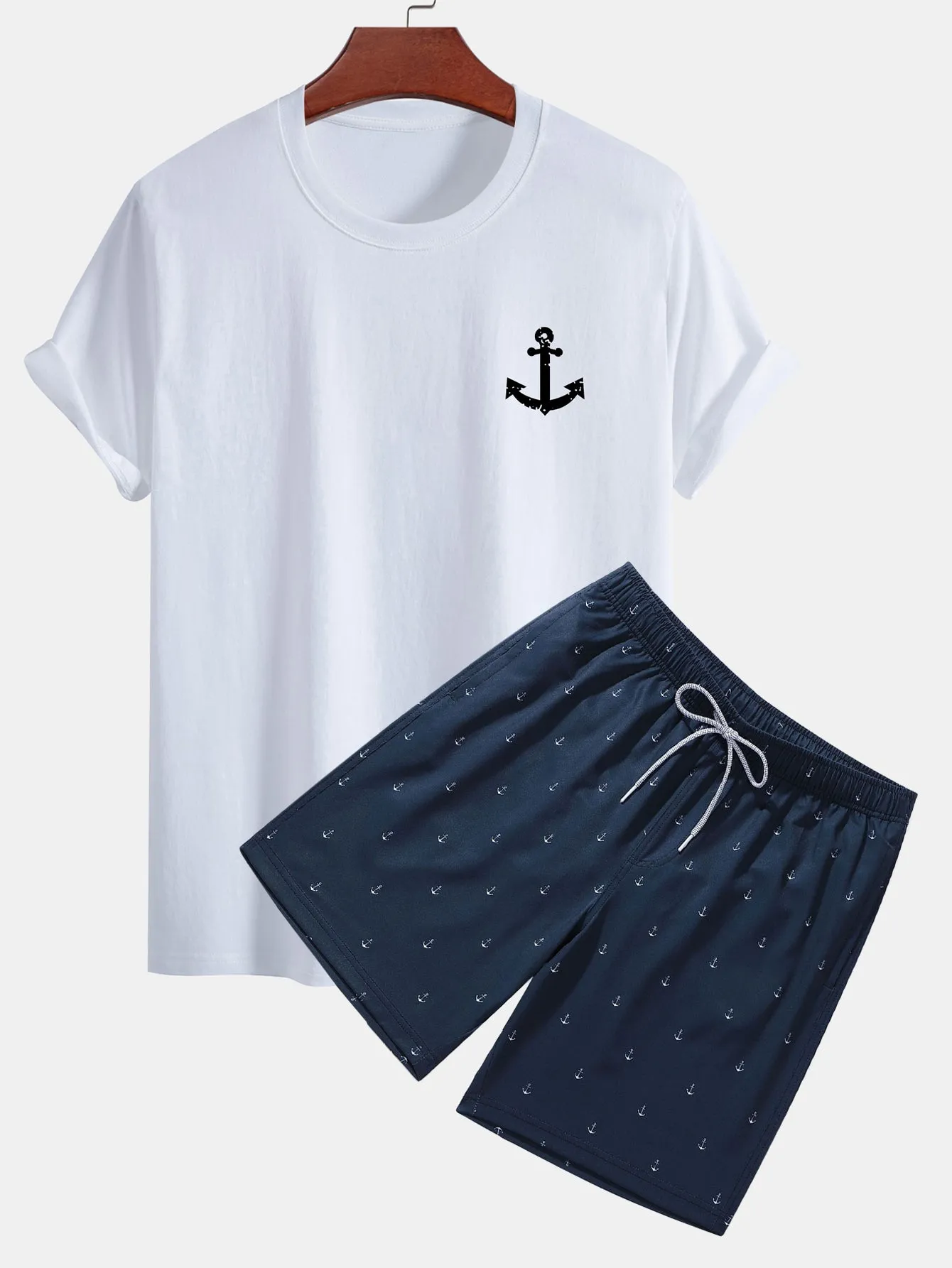 Regular Fit Anchor Print Cotton T-Shirt & Anchor Print Drawstring Swim Shorts