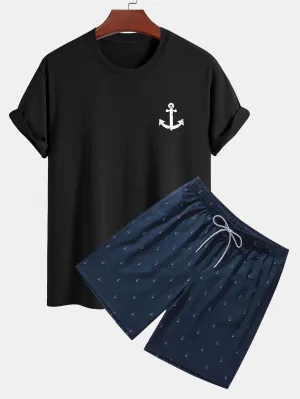 Regular Fit Anchor Print Cotton T-Shirt & Anchor Print Drawstring Swim Shorts